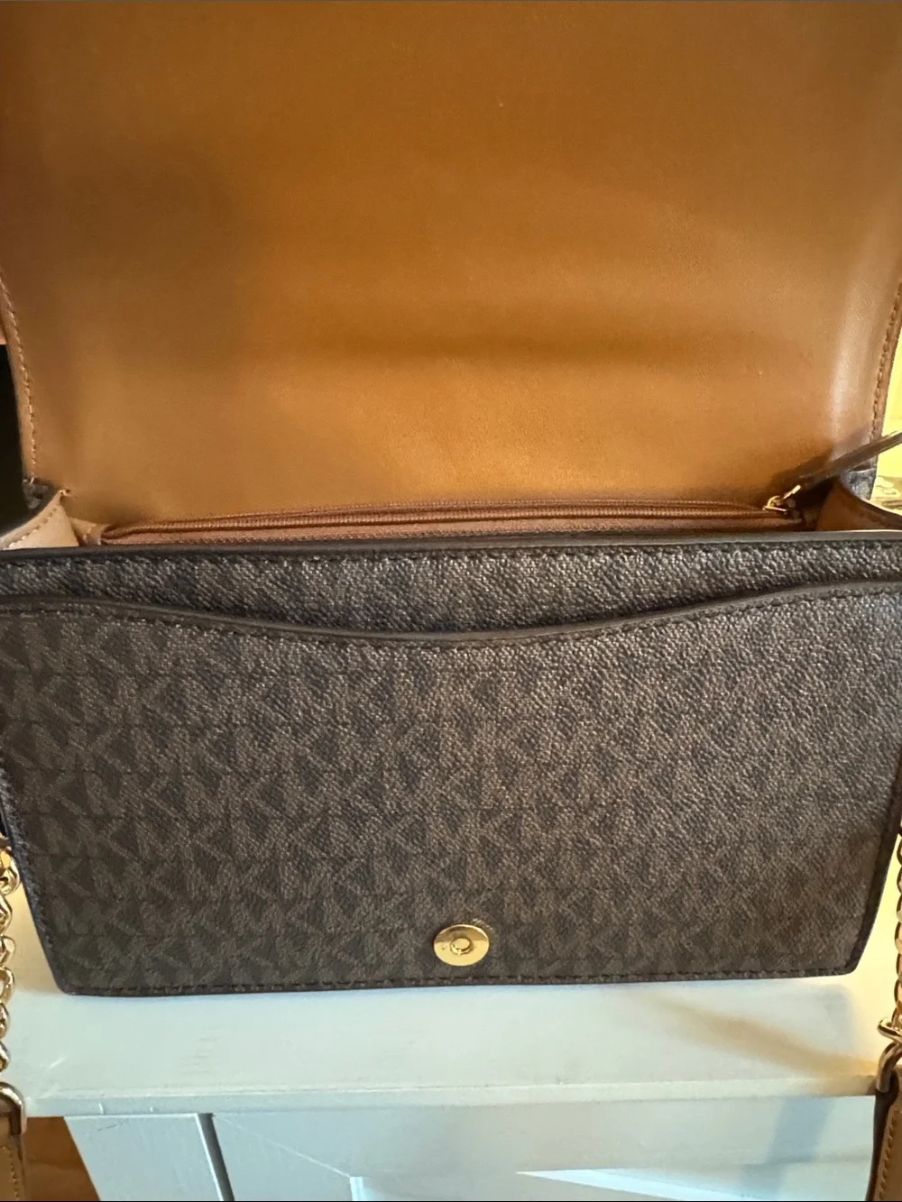 Michael Kors Black Pebbled Leather Crossbody with Brown Trim and Gold Chain